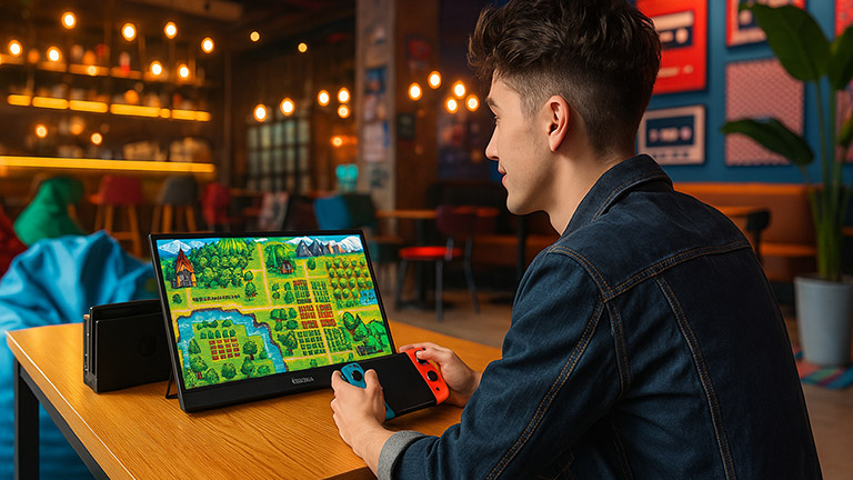 Gamer playing anywhere with portable monitor.