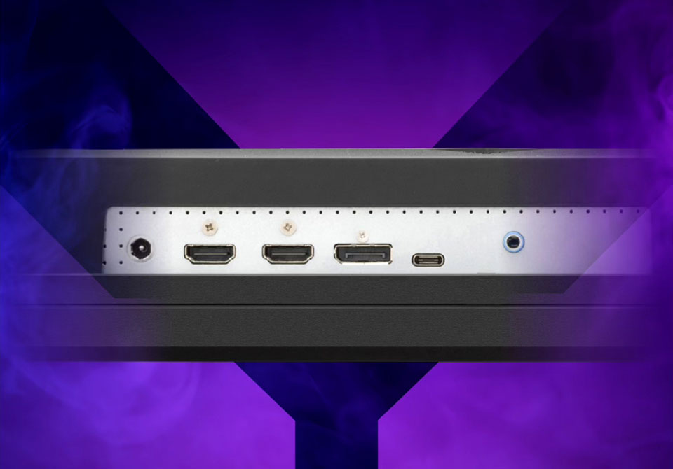 Close-up of gaming monitor ports including HDMI, DisplayPort and USB-C.